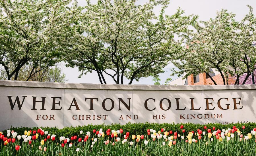 Wheaton College IL Sign with Tulips 